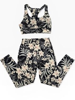 Hurley Floral Sports Bra & Leggings Set Black Cream Tropical 🪷